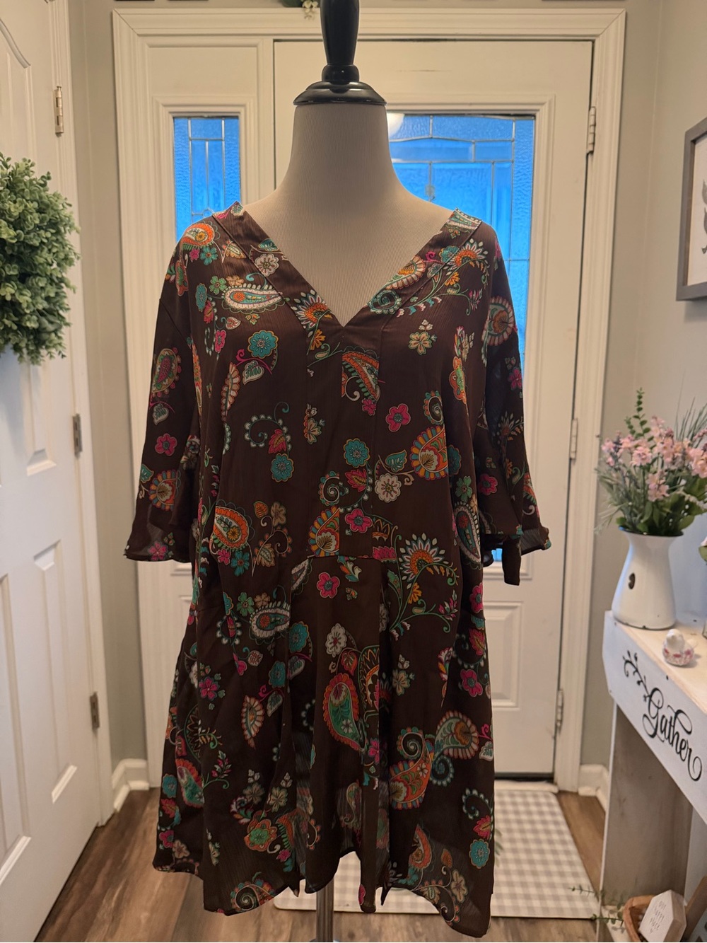 Cato Brown Paisley V-Neck Tunic with Teal & Pink Accents